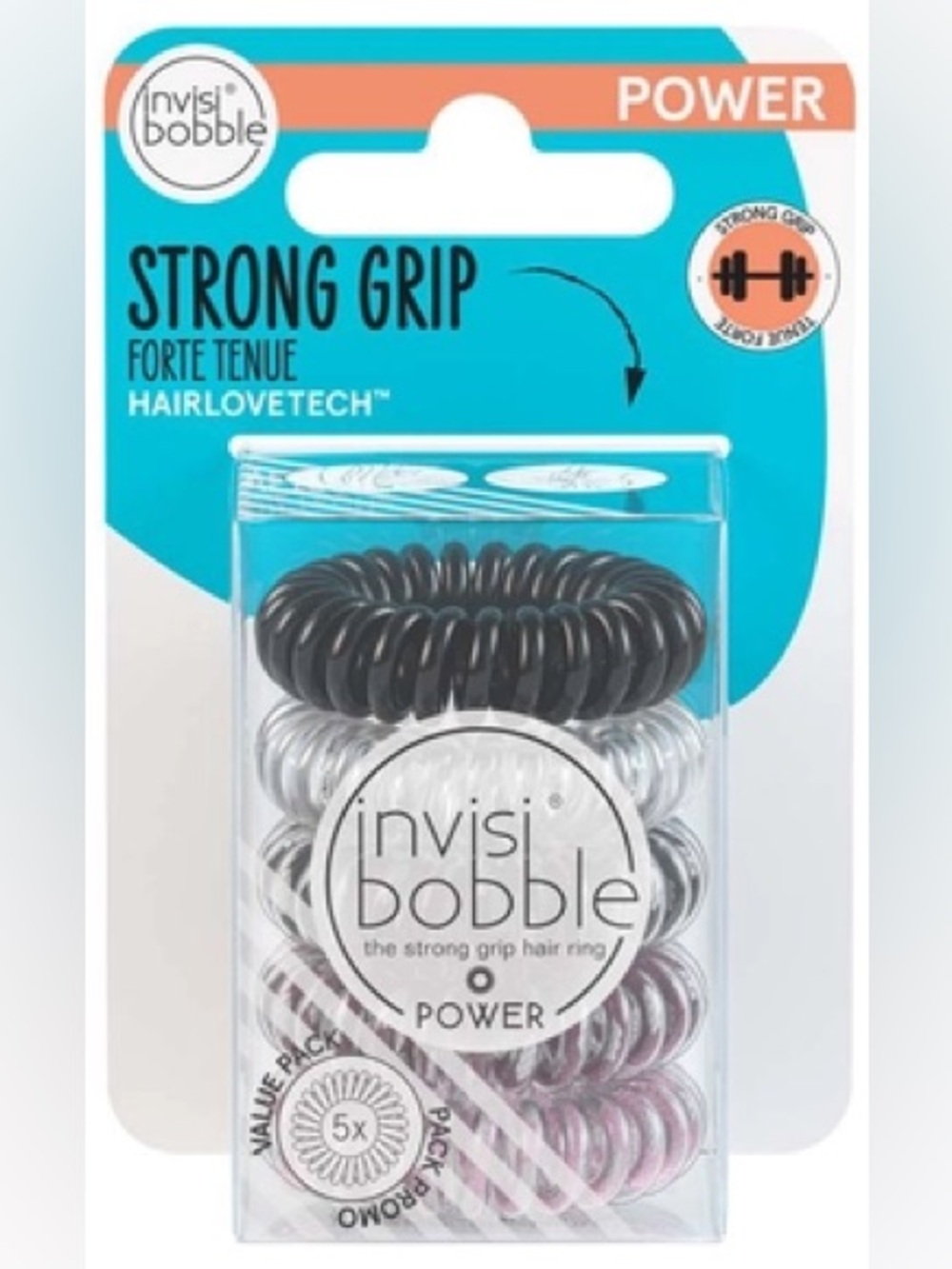 invisibobble Strong Grip Hair Rings (5-Pack) — Black, Silver, Pink